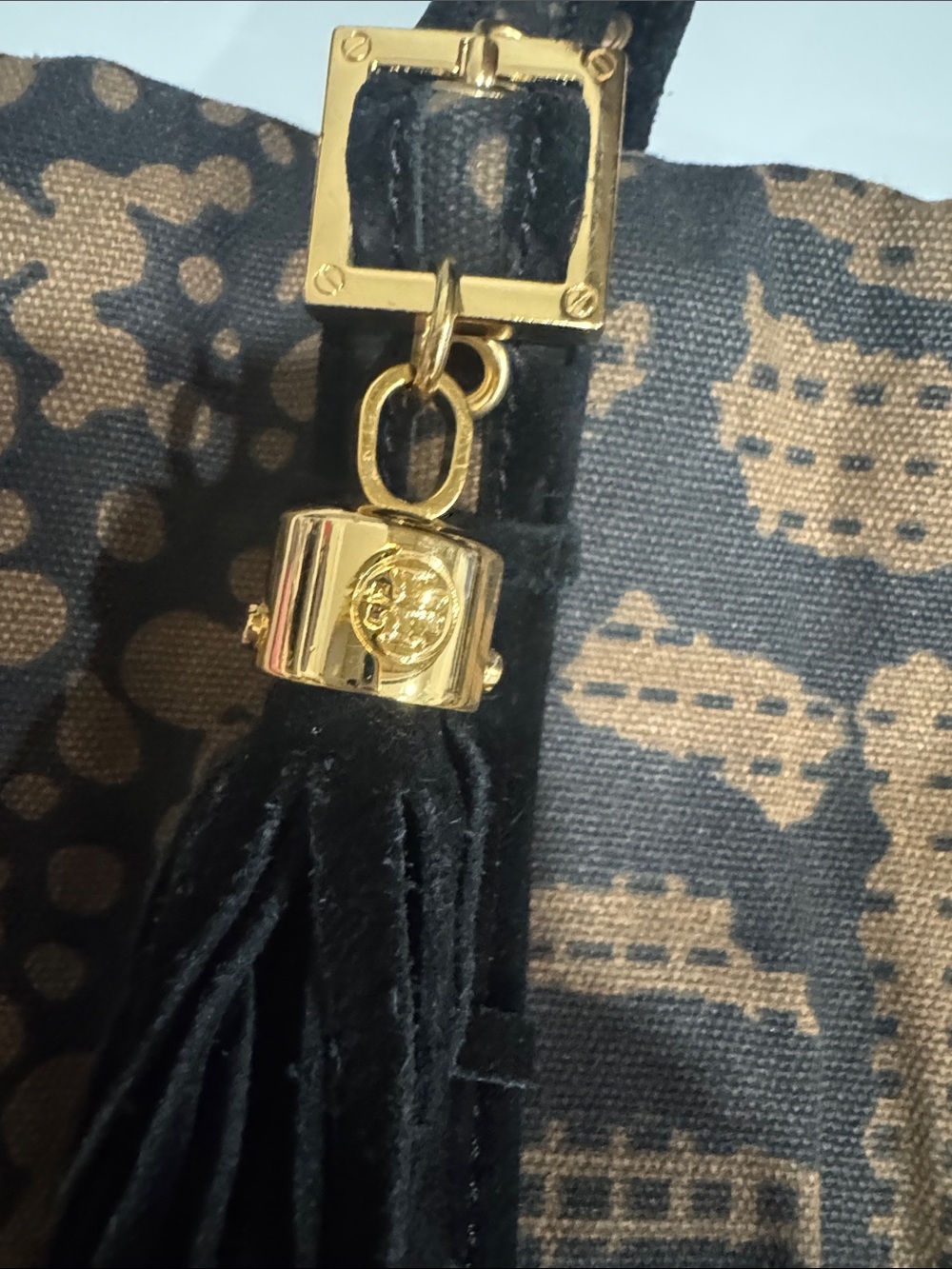 Tory Burch Black and Brown Patterned Tote with Tassel - Picture 2 of 9
